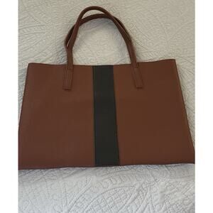 Vince Camuto Tote Brown Pebbled Vegan Leather Black Stripe CarryAll Shoulder Bag